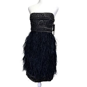 Sue Wong Nocturne Black Beaded Ostrich Feather Dress Size 8 Strapless NWT